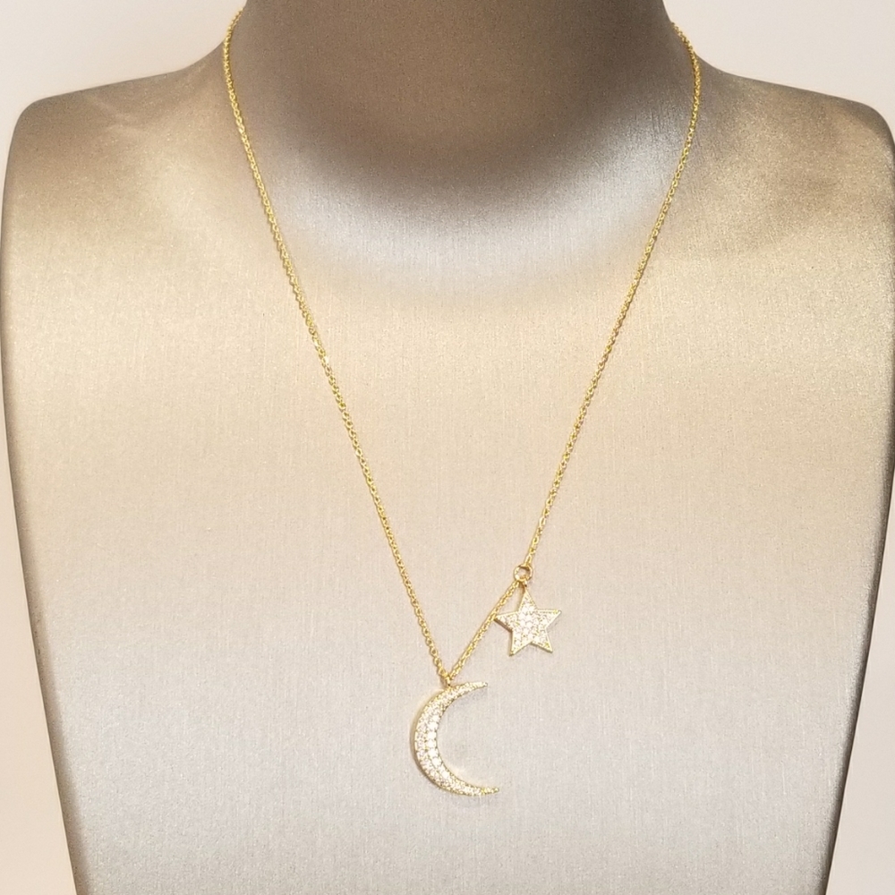 Bling Pave CZ Moon and Star Pendant Necklace NEW - Picture 4 of 7